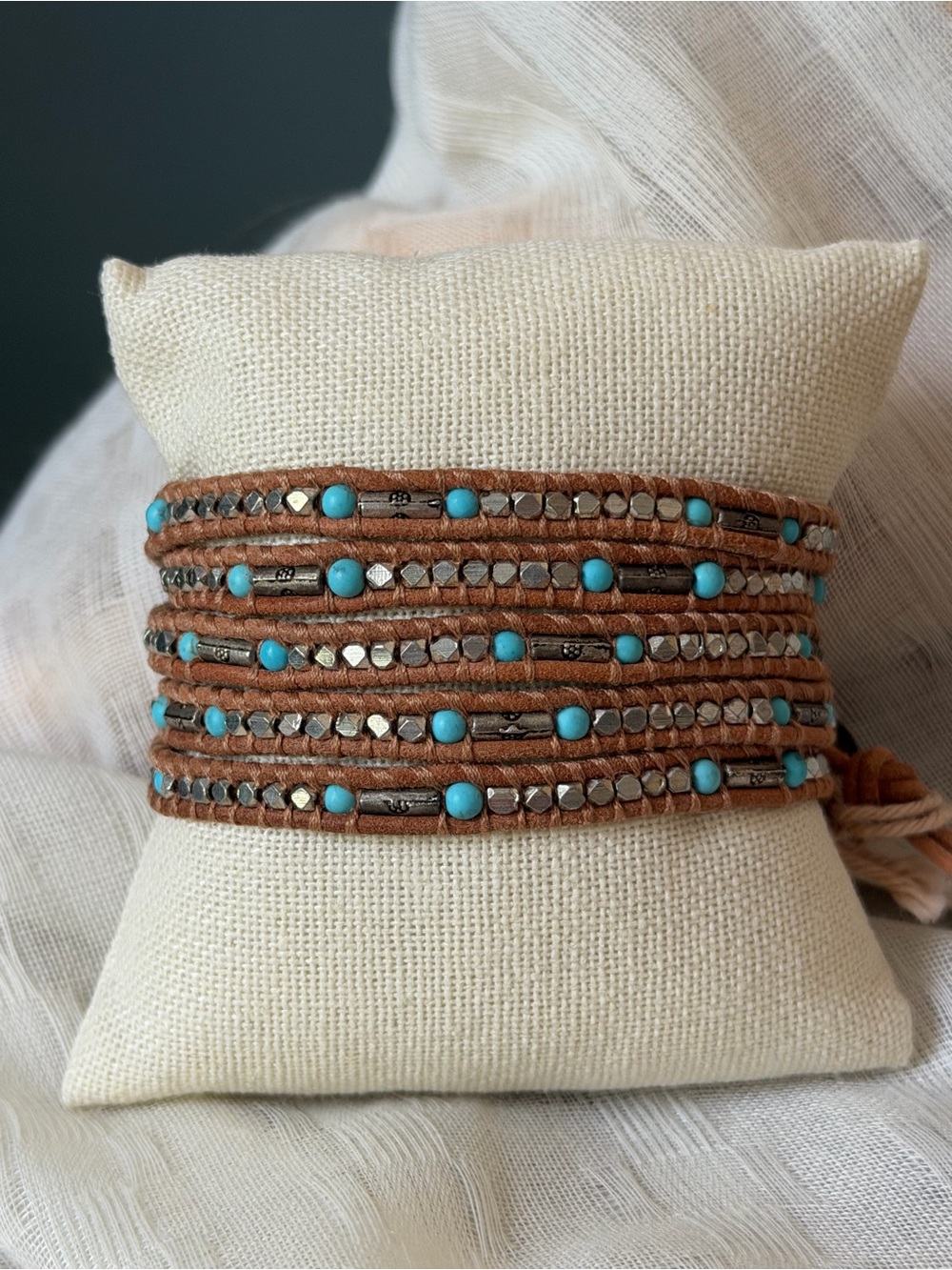 Chan Luu Trend Turquoise Silver Bead Brown Leather 5 Wrap Bracelet NWT + Pouch